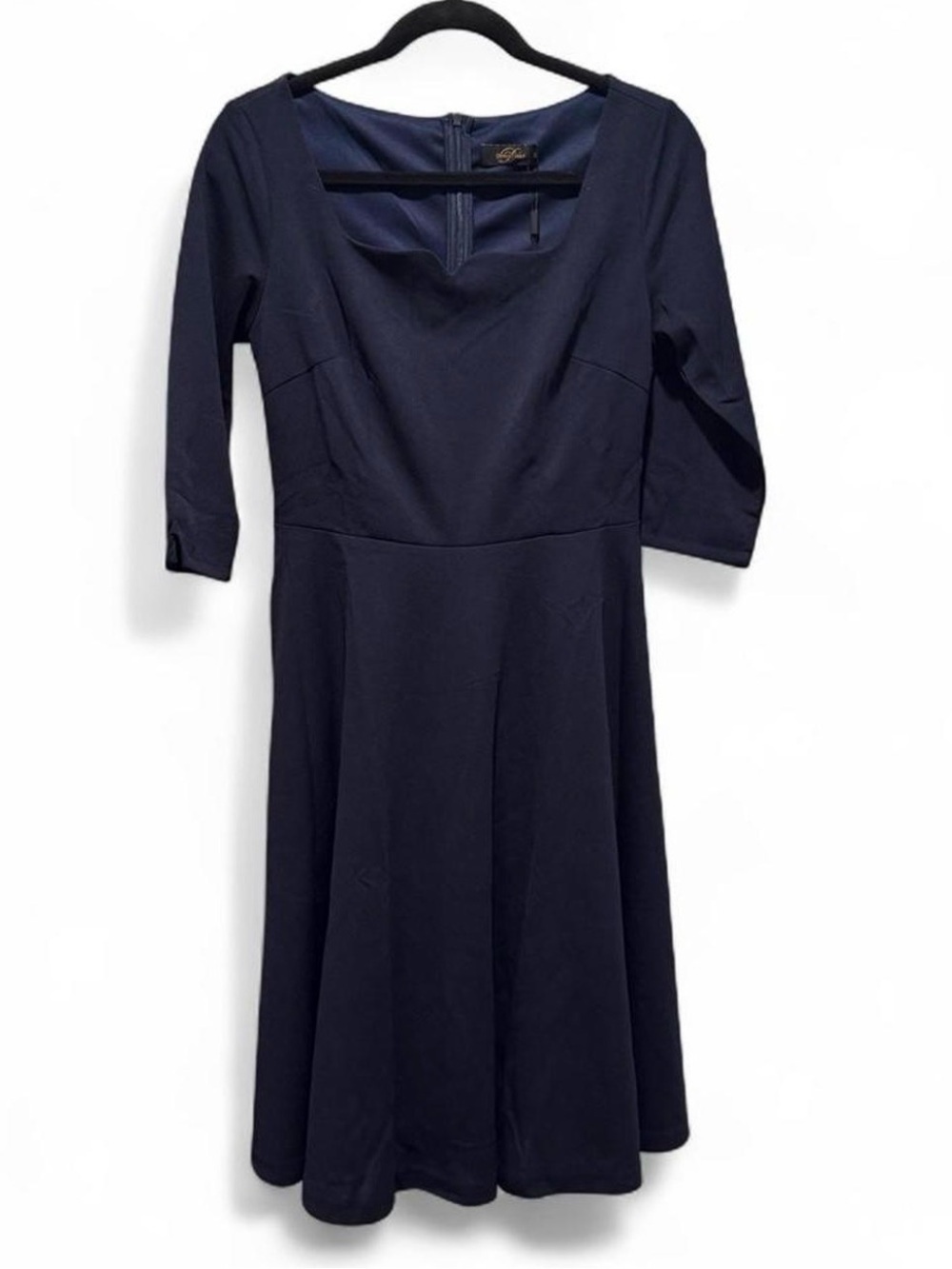 Dressystar Women's Navy Scoop-Neck Midi Dress with Three-Quarter Sleeves